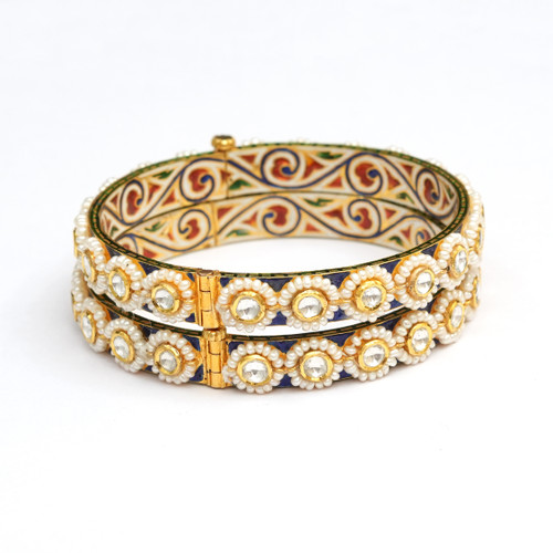 18K Solid Gold Kundan Meena work Fine Bangles Bracelet pair Wedding Jewelry-237