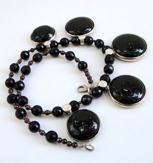 DESIGNER 925 STERLING SILVER NECKLACE BLACK  ONYX GARNET