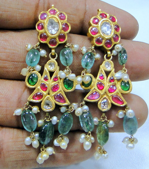 Vintage antique 20 ct solid gold diamond polki earrings kundan meena work 9132