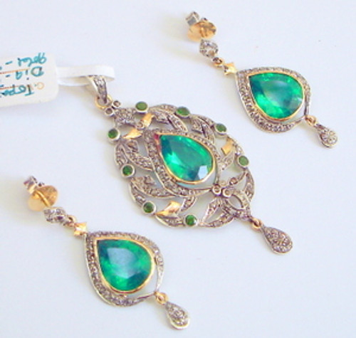 VINTAGE DIAMOND GREEN TOPAZ GOLD JEWELRY PENDANT EARRINGS