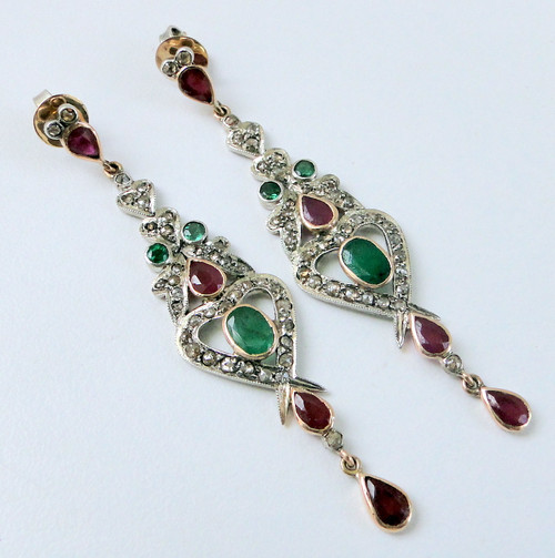 VINTAGE DIAMOND RUBY GEMSTONE GOLD EARRING PAIR 4198