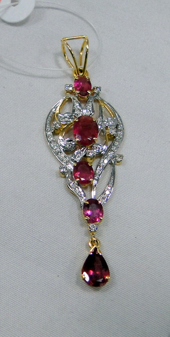 18 K Solid gold Rubellite Tourmaline Diamond pendant necklace jewelry 10538