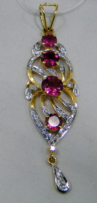 18 K Solid gold Rubellite Tourmaline Diamond pendant necklace jewelry 10544