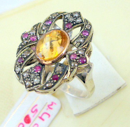 VICTORIAN DIAMOND CITRINE 14 CT GOLD & STERLING SILVER RING