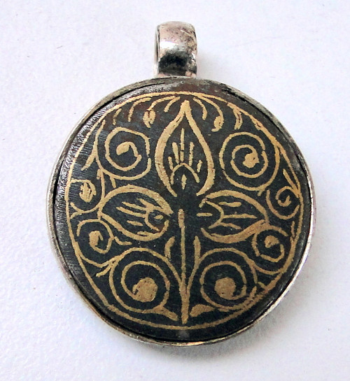 VINTAGE OLD SILVER GOLD PENDANT necklace bidaree work 6224