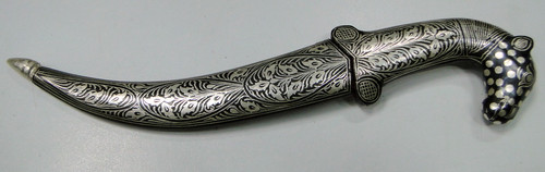 Damascus steel blade lamb head Knife dagger pure silver wire work LETTER OPENER XMAS ITEM 7503