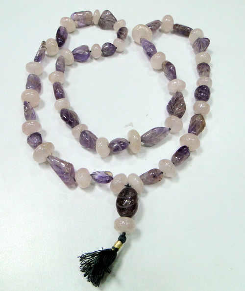 Tumbled Necklace~carved Amethyst rose quartz gemstones strand 8356
