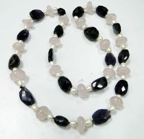 Tumbled Necklace~Smoky topaz, rose quartz gemstones strand