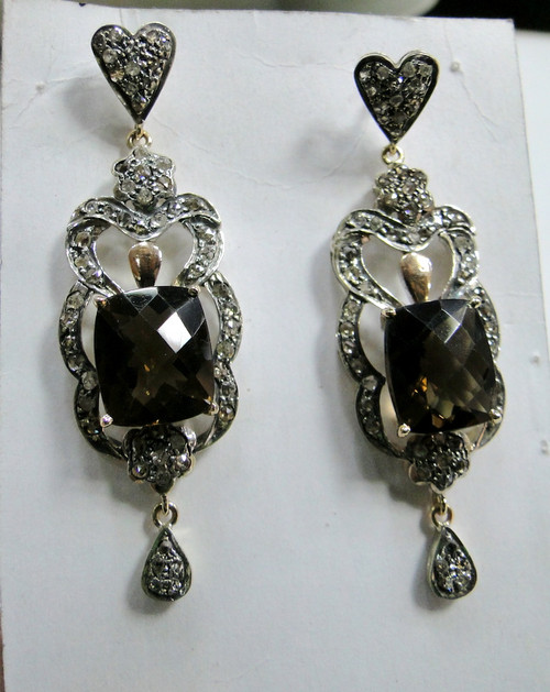 Diamond Smoky Topaz Victorian gold Earrings Jewelry