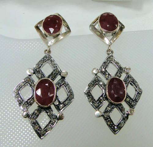 Victorian Diamond Ruby Gold silver Earrings Chandelier dangles 7785