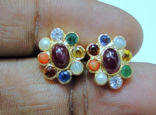 14 K solid gold Navratna gemstones ear studs earrings jewelry 7994