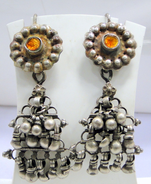 Silver Dangles earrings ethnic tribal old vintage long chandelier-11382