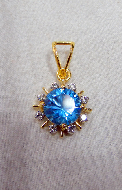 Gold Blue Topaz Gemstone Diamond set Pendant 14K Handmade fine jewelry 493-43