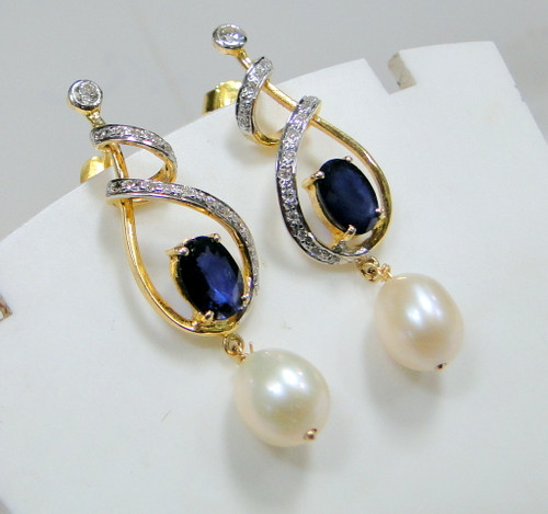 14K Gold Blue Sapphire Pearl Ear studs Earrings