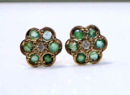 Vintage 22K Gold Emerald Diamond Studs Earrings