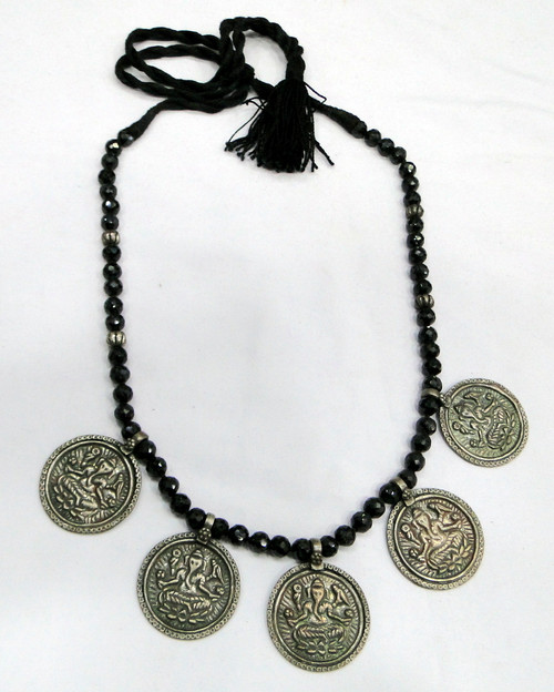 Ethnic Tribal Old Silver Lord Ganesha Black Onyx Beads Necklace 13213