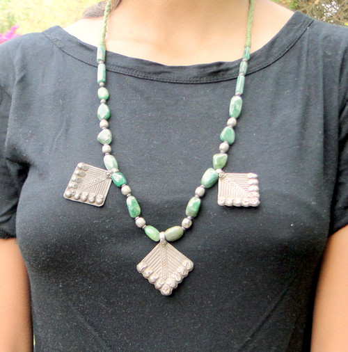 Ethnic tribal Old solid  Silver Pendant and Green Onyx Gemstone Beads Necklace