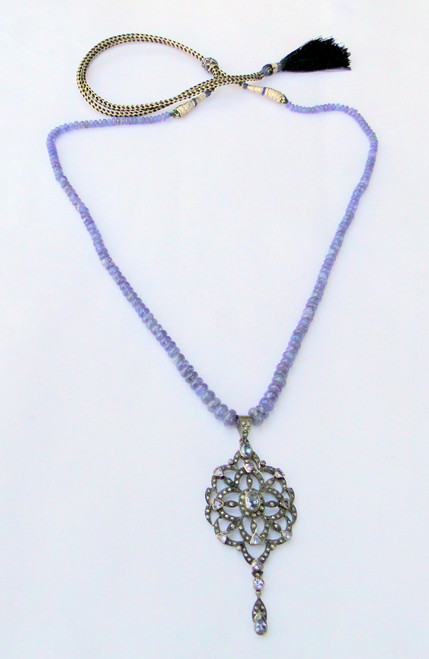 Vintage Victorian Tanzanite Diamond Gemstone Gold Silver Pendant Necklace with Tanzanite Beads