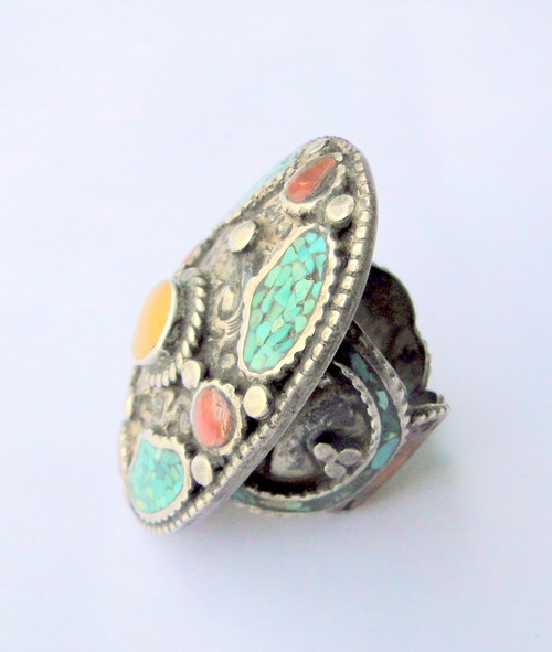 Vintage Antique Sterling Silver Turuoise Coral Agate Gemstone Ring Large Oval 