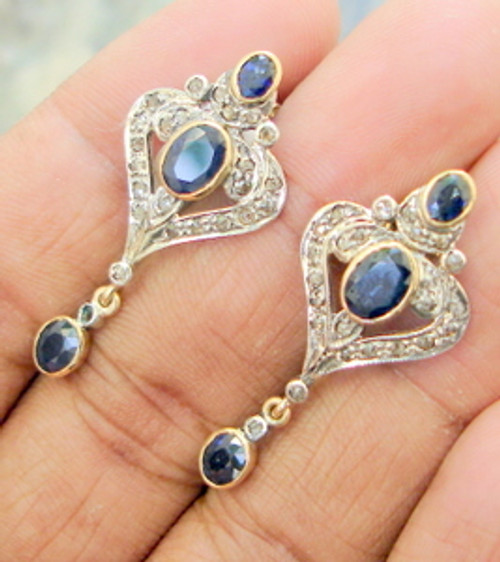 VINTAGE DIAMOND BLUE SAPPHIRE GOLD SILVER EARRINGS JEWELRY GEMSTONE