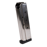 Close-up of stainless 1911 extended base magazine feed lips