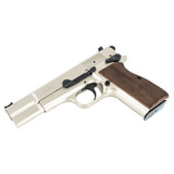 Close-up of nickel finish on Inglis P-35 N slide and textured G10 grip