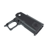 Close-up of MAC 9 black polymer grip texture and trigger guard