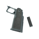 side view of 2nd Caliber double-stack 1911 grip module showing ergonomic backstrap and skeletonized cutouts — made in Braselton, GA.