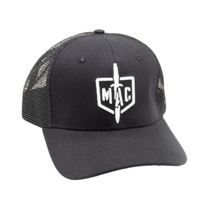 Military Armament Corporation black trucker hat with shield logo front view Military Armament Corporation black trucker hat with shield logo front view