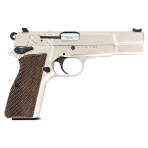 Right-side view of Inglis P-35 N Hi-Power pistol showing nickel finish and G10 grips Right-side view of Inglis P-35 N Hi-Power pistol showing nickel finish and G10 grips