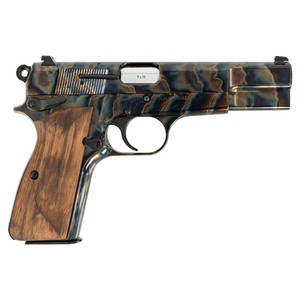 Right-side profile of the Inglis GP-35 Hi-Power 9MM showing case-hardened finish and walnut grips Right-side profile of the Inglis GP-35 Hi-Power 9MM showing case-hardened finish and walnut grips