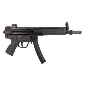 Right-side view of the MAC 5 9MM roller-delayed pistol showing magazine inserted and factory flash hider Right-side view of the MAC 5 9MM roller-delayed pistol showing magazine inserted and factory flash hider