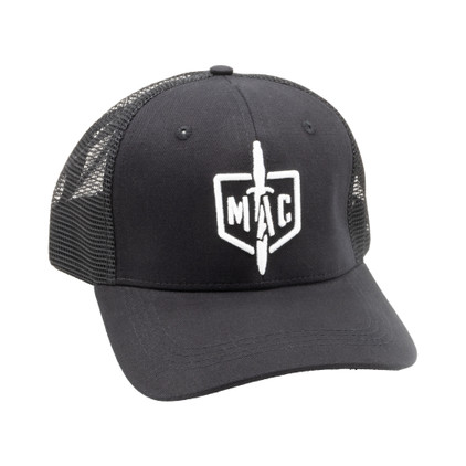 Military Armament Corporation black trucker hat with shield logo front view Military Armament Corporation black trucker hat with shield logo front view