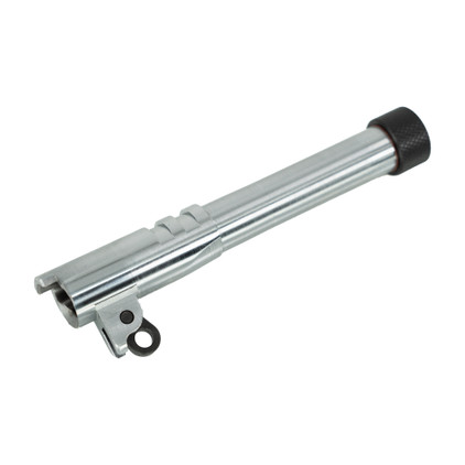 1911 .45ACP threaded barrel with chrome finish, angled view