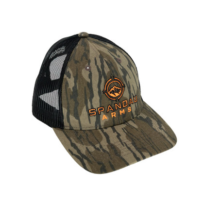 Spandau Arms logo in bottomland camo. Mesh trucker cap with adjustable snapback fit