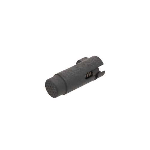 Close-up of Tisas 1911 magazine catch assembly in matte grey finish Close-up of Tisas 1911 magazine catch assembly in matte grey finish