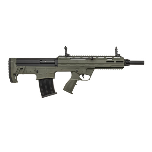 Side profile highlighting compact bullpup design and rubber recoil pad Side profile highlighting compact bullpup design and rubber recoil pad