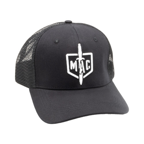 Military Armament Corporation black trucker hat with shield logo front view Military Armament Corporation black trucker hat with shield logo front view