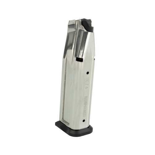 Side profile of Checkmate 1911-DS 9MM Magazine showing chrome finish and base plate Side profile of Checkmate 1911-DS 9MM Magazine showing chrome finish and base plate