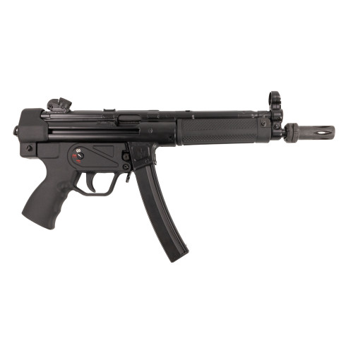 Right-side view of the MAC 5 9MM roller-delayed pistol showing magazine inserted and factory flash hider Right-side view of the MAC 5 9MM roller-delayed pistol showing magazine inserted and factory flash hider