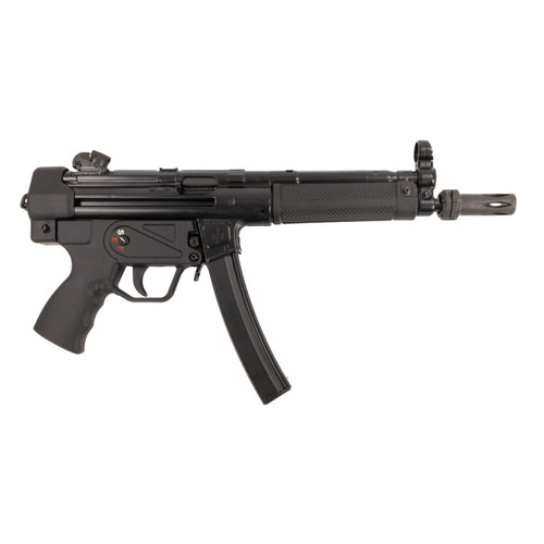 Right-side view of the MAC 5 9MM roller-delayed pistol showing magazine inserted and factory flash hider