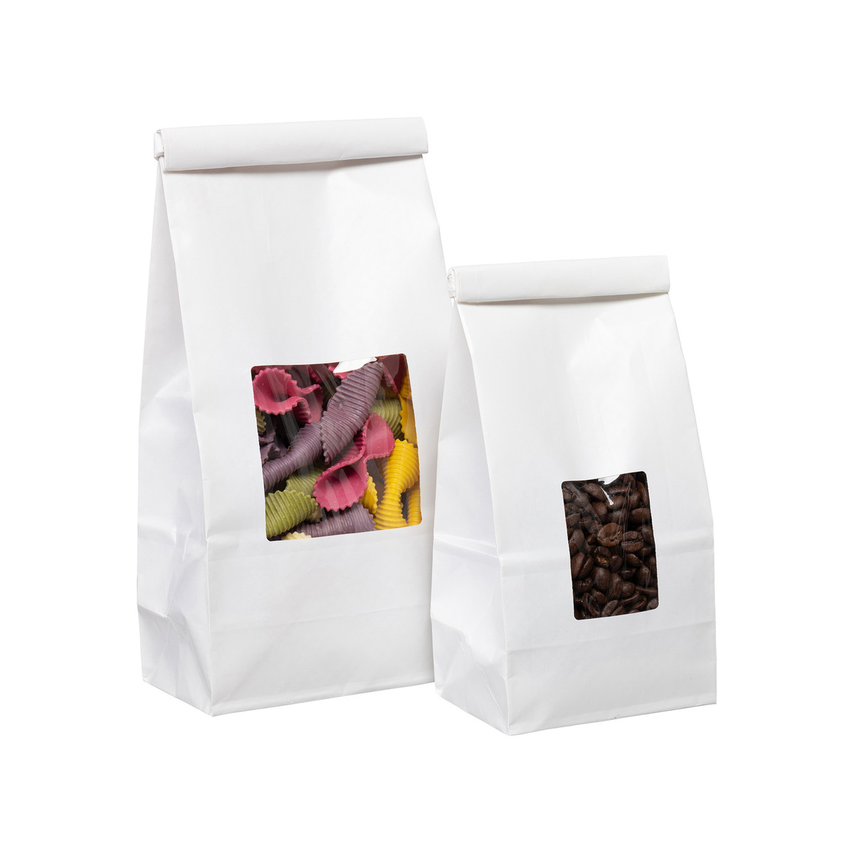 Image des sacs à café blancs avec fenêtres et attaches en métal