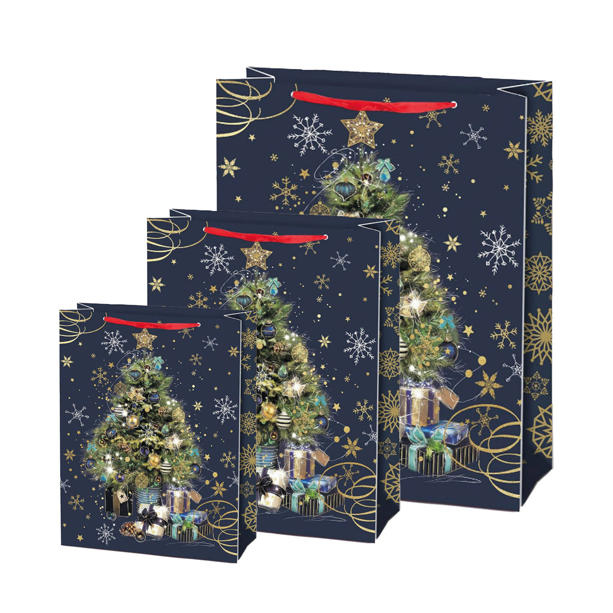 Image of Navy Christmas Tree Gift Bags