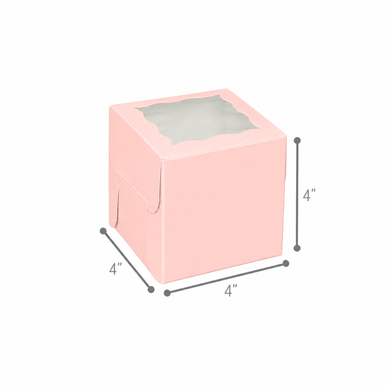 A 4 x 4 x 4 inch pink bakery box with a clear top window, designed for single cupcakes, donuts, or individual treats.