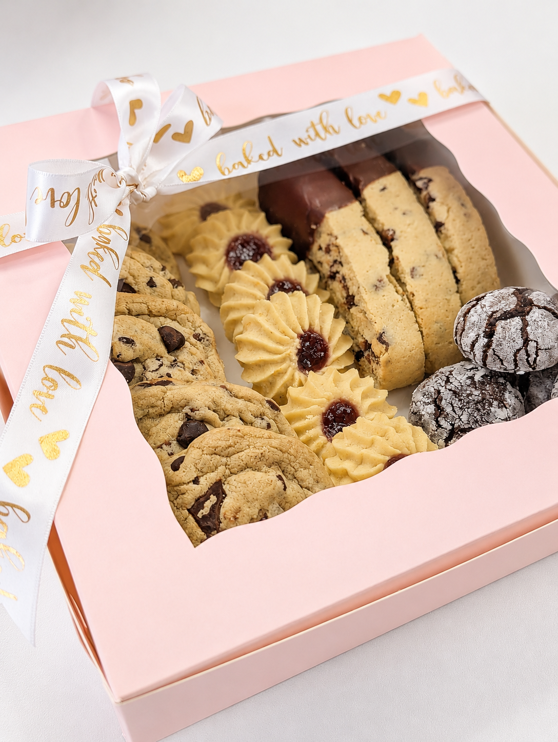 A close-up of a soft pink bakery window box filled with assorted cookies, showing how the clear window highlights the treats inside.