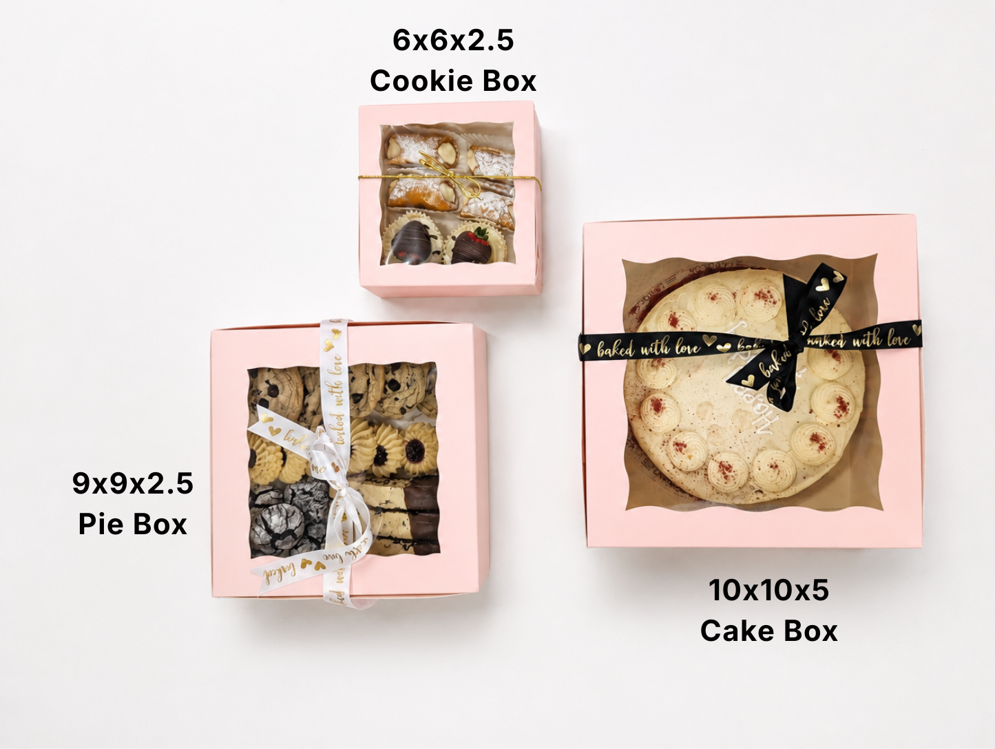 Three soft pink bakery boxes in different sizes labelled as cookie, pie, and cake boxes to show the product lineup.