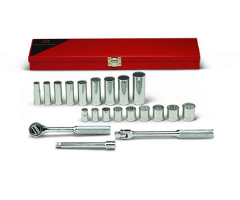 Wright tool 338, 3/8" Drive 21 Piece Metal Boxed Set - 12 Point Standard & Deep Sockets, 3/8" - 7/8"Ratchet, Flex Handle, 6" Extension_main