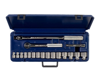 Wright tool 423-MC, 1/2" Drive 18 Piece Blow Molded Case Set - 6 Point Standard Sockets, 3/8" - 1-1/4", Ratchet, Flex Handle, 5" Extension_main