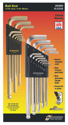 Bondhus 20399, Set 22 BriteGuard and GoldGuard™ Ball End L-Wrenches IN/MM Double Pack - 26937 (.050-3/8") + 38099 (1.5-10mm)_main