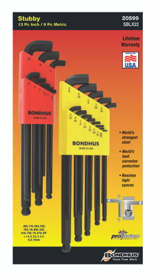 Bondhus 20599, Set 22 Stubby Ball End L-Wrenches IN/MM Double Pack - 16537 (.050-3/8") + 16599 (1.5-10mm)_main
